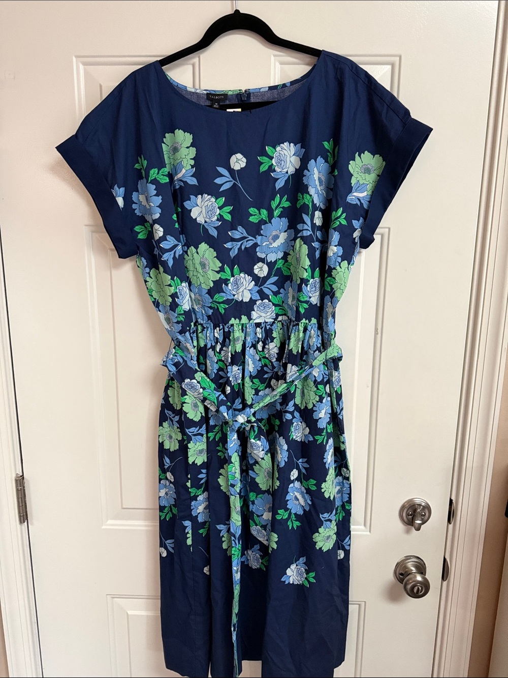 Talbots Navy Floral Midi Dress with Tie Waist